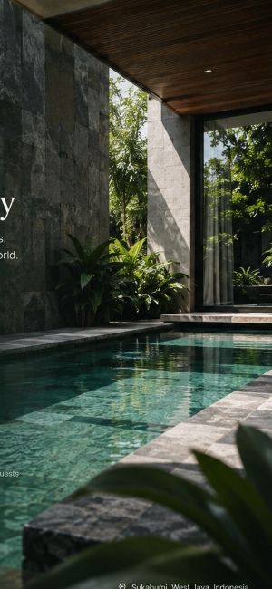 Luxury Indonesian resort infinity pool built with Sukabumi Green Stone tiles and tropical terrace